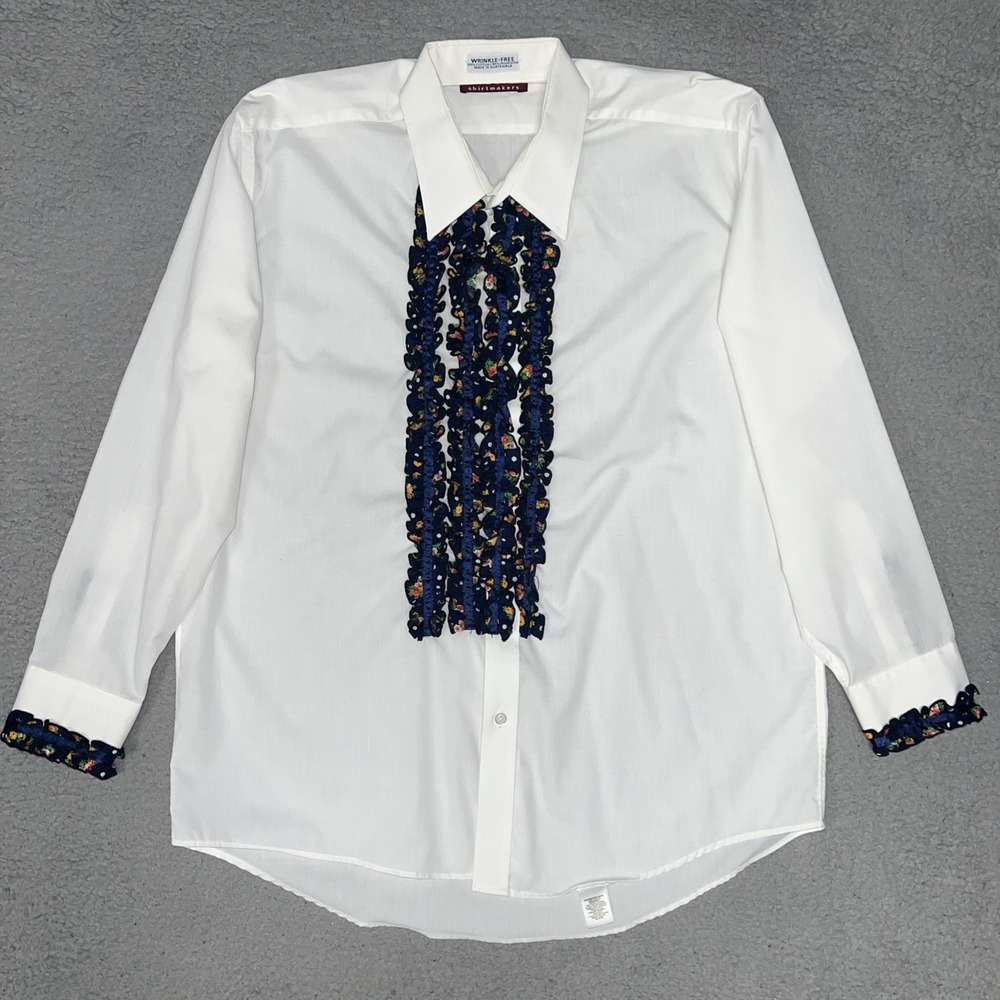 VTG Manhattan Shirt Adult 16½ 32/33 (L) White Ruffle Bib Wrinkle-Free Button Up